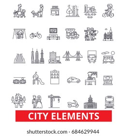 City elements, town, urban, district, architecture, transportation, settlement line icons. Editable strokes 