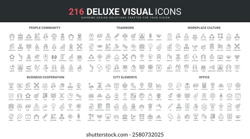 City elements, workplace culture and office communication, collaboration and teamwork line icon set. People in community, support and partnership thin black outline symbols vector illustration