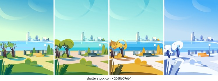 City embankment at different times of the year. Urban scene in vertical orientation.