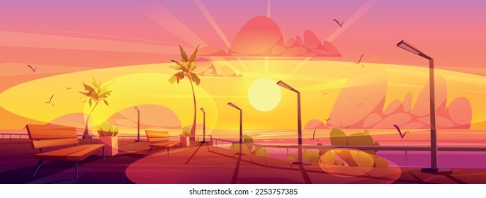 Ciudad con terraplén en playa de mar. Paisaje veraniego frente al mar con bancos, palmeras, luces y arbustos. Ciudad con edificios y paseo, ilustración vectorial de dibujos animados