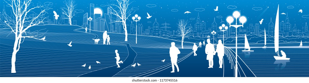 City embankment. People walk along the sidewalk. Evening illuminated park. Kids are playing. Birds are flying. Modern night town on background. Vector design art