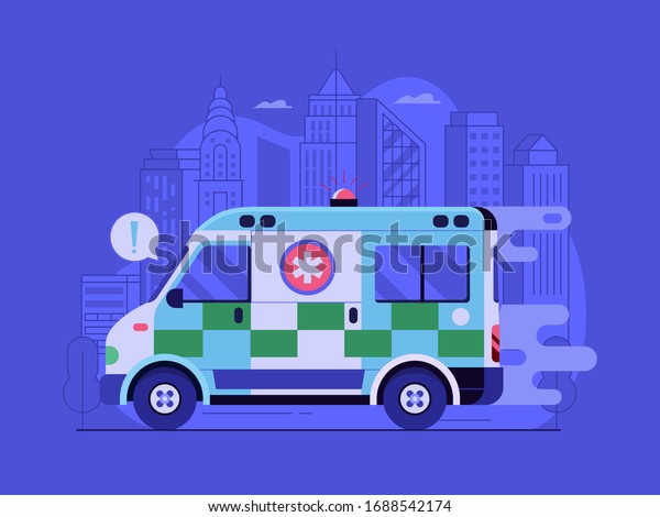 City emergency medical service concept with\
fast ambulance car reacting on coronavirus pandemic case. Modern\
USA medic reanimation van driving patient to hospitalization.\
Epidemic fight\
illustration.