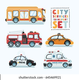 City emergency transport isolated set. Ambulance car, school bus, police car, fire truck, taxi, police vector illustration. Service auto vehicle, urban social car, roadside assistance transport.