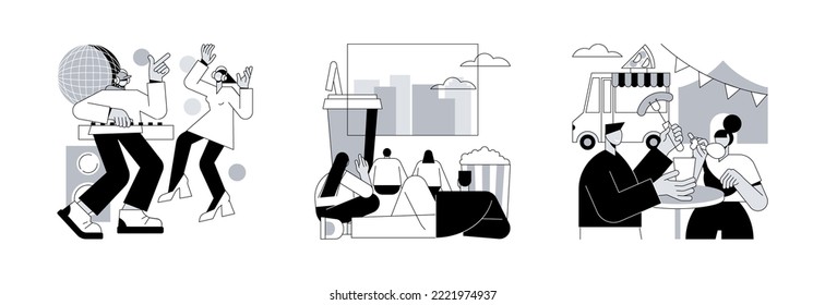 City enternainment abstract concept vector illustration set. Silent disco, open air cinema, street party, club event, DJ set streaming, movie theater, buy ticket online, outdoor fun abstract metaphor.