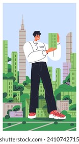 City environment, real estate card. Happy giant character on urban street. Green buildings, eco apartment houses development concept. Architecture and nature, park, trees. Flat vector illustration