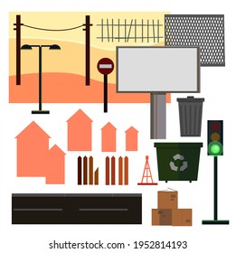 City environment set. Urban details. Flat cartoon stylized objects.