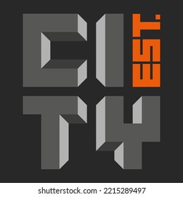 City est words 3d isometric letters creative lettering, square shape inscription print jersey or urban sticker mockup dark background.