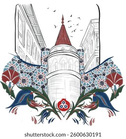 city ​​drawings. ethnic patterns, tile pattern, galata tower artistic drawing.