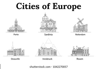 The city of Europe, Innsbruck, Sardinia, Rotterdam, Deauville, Rouen, Porto. European houses. Different sizes and constructions. Old houses of Europe Flat vector in lines.