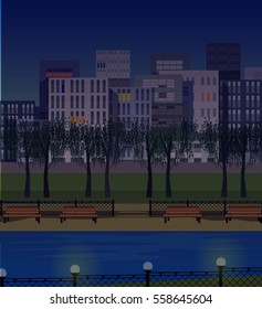 city evening  view with river, park and buildings