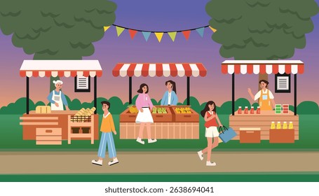 City event. Night market. Family festival. Food stall. Food stand. Summer event. 