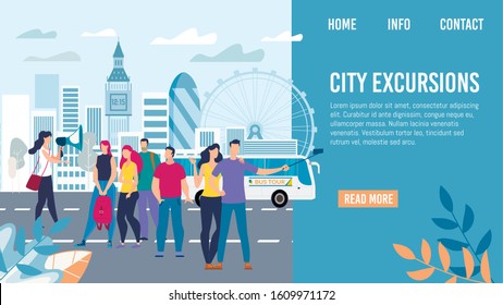 City Excursions, Bus Tour in Europe Travel Trendy Flat Vector Web Banner, Landing Page Template. Tourists Group Listening Tour Guide, Happy Couple Shooting Selfie Photo on Mobile Phone Illustration