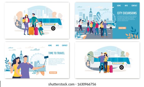 City Excursions, Traveling with Bus Tours Trendy Flat Vector Horizontal Web Banners, Landing Pages Set. Tourists Group, Family Members, Couple in Love Making Selfie in Vacation Journey Illustration