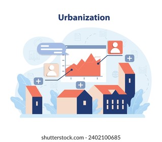 City expansion and data-driven growth visualization. Urbanization concept showing houses, population stats, and city development trends. Evolving sustainable urban landscapes. Flat vector illustration