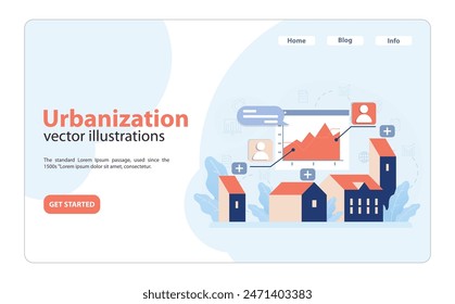 City expansion and data-driven growth visualization. Urbanization concept showing houses, population stats, and city development trends. Evolving sustainable urban landscapes. Flat vector illustration