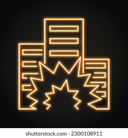 Icono de la línea de neón de la explosión de la ciudad. Símbolo de destrucción de la casa. Ilustración del vector