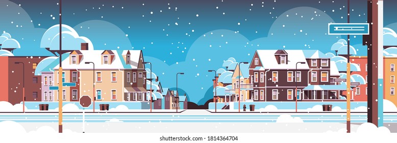 city facade buildings empty no people urban street real estate houses exterior winter snowfall cityscape background horizontal vector illustration