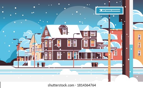 city facade buildings empty no people urban street real estate houses exterior winter snowfall cityscape background horizontal vector illustration