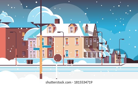 city facade buildings empty no people urban street real estate houses exterior winter snowfall cityscape background horizontal vector illustration