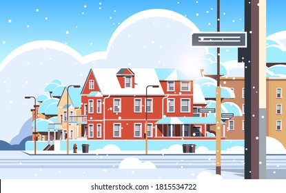 city facade buildings empty no people urban street real estate houses exterior winter snowfall cityscape background horizontal vector illustration