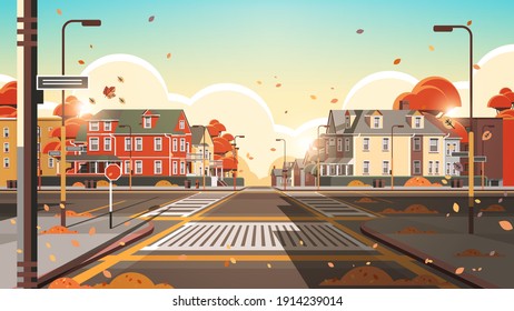 City Facade Buildings Empty No People Urban Street Real Estate Houses Exterior Sunset Autumn Cityscape Background Horizontal Vector Illustration