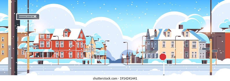 city facade buildings empty no people urban street real estate houses exterior winter snowfall cityscape background horizontal vector illustration