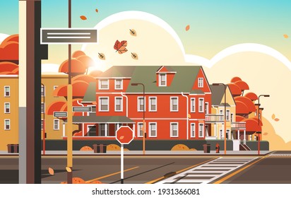 City Facade Buildings Empty No People Urban Street Real Estate Houses Exterior Sunset Autumn Cityscape Background Horizontal Vector Illustration