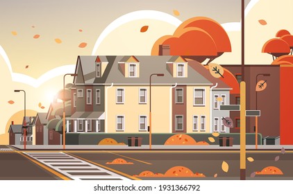 city facade buildings empty no people urban street real estate houses exterior sunset autumn cityscape background horizontal vector illustration