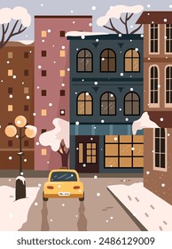 City facade buildings empty no people urban street in snow and car, real estate houses exterior, snowfall cityscape background vector illustration. Street lamps and trees, streetlight in downtown