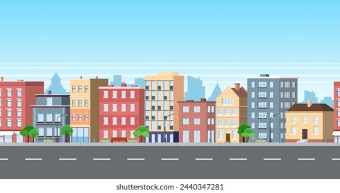 City facade buildings town street panorama concept. Modern city, town street. sidewalk with city lights and road. Vector illustration in flat style