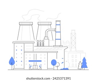 City factory - modern line design style illustration on white background. Composition with manufacturing plant located within a residential area. Smoking pipes, industrial architecture