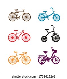 City family bikes flat vector set. Various bicycle collections. City, vintage, sports bike, sports transport for the family, transport bike illustration, stock, isolated on a white background