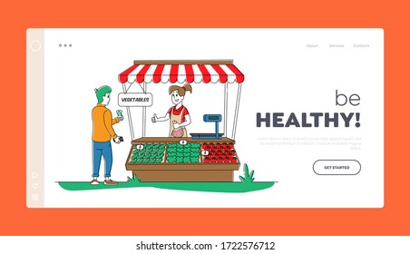 City Farm Market Landing Page Template. Farmer Characters Sell Fresh Vegetable Products to Man Customer at Outdoor Counter Desk. Purchaser Buying Healthy Local Food. Linear People Vector Illustration