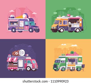 Camiones de comida rápida y vagones urbanos ambientados en diseño plano. Salón de helados, cafetera y caravana de jugo de verano. Carros del festival de comida callejera con bebidas y aperitivos sobre ruedas.