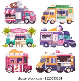 City Fast Food Trucks And Wagons Set In Flat Design. Ice Cream Parlor, Coffee Van, Beach Bar, Popcorn Cart And Summer Juice Caravan. Street Food Festival Cars With Drinks And Snacks On Wheels.