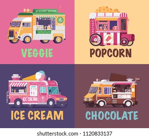 City fast food trucks and wagons set in flat design. Ice cream parlor, chocolate truck, popcorn car and veggie juice caravan backgrounds. Street food festival posters.