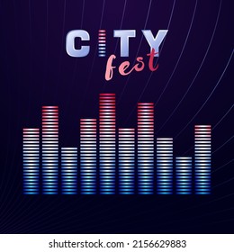 City fest logo concept. Creative icon or banner for electronic music festival. Musical instrument or blogger logotype idea. Album cover with 3D skyscrapers as sound levels. Isolated design template.