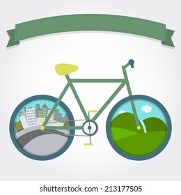 City and field in wheels of the bike. Several landscape for cycling. With a ribbon for insert text. Bike on city or field.