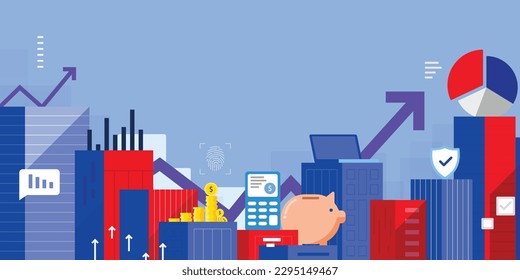 A city with financial instruments. City buildings describing financial data statistics. The concept for economics, finance, calculation, statistics and consulting concepts.