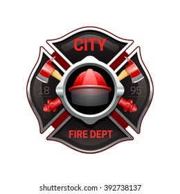 City fire department organization realistic logo emblem design with crossed axes and pumps red black vector illustration 
