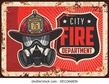 City fire department rusty metal plate. Firefighters helmet or leatherhead with badge, self-contained breathing apparatus or gas mask vector. Emergency situations rescue service retro banner