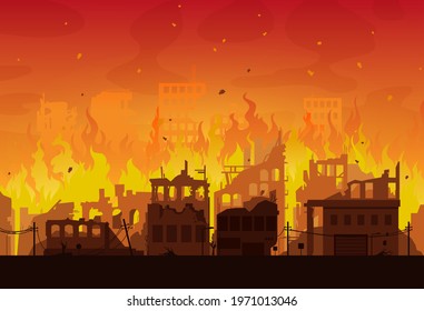 City in fire, destroyed burning houses and buildings, vector disaster or war background. Burning city ruins and town destruction from earthquake, bomb explosion attack and world apocalypse catastrophe