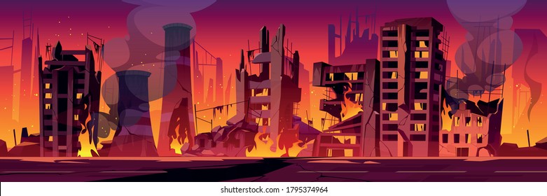 City In Fire, War Destroy, Abandoned Burning Broken Buildings With Smoke And Flame. Bomb Destruction, Natural Disaster, Cataclysm Consequences, Post-apocalyptic World Ruins Cartoon Vector Illustration