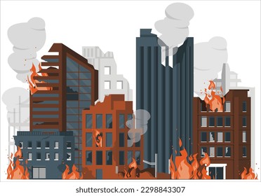 Ciudad en llamas, guerra destruida, edificios abandonados quemándose con humo y llama. Destrucción de bombas, desastres naturales, consecuencias cataclisticas, ruinas mundiales post-apocalípticas caricatura ilustrativa vectorial