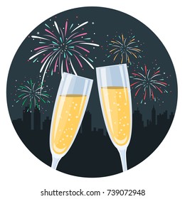 City With Fireworks And Champagner Glasses Symbol Flat Design Icon