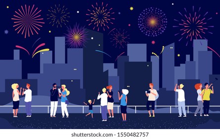 City fireworks. People celebrate on street and watching fireworks. Happy vector men women child, night pyrotechnic show in downtown