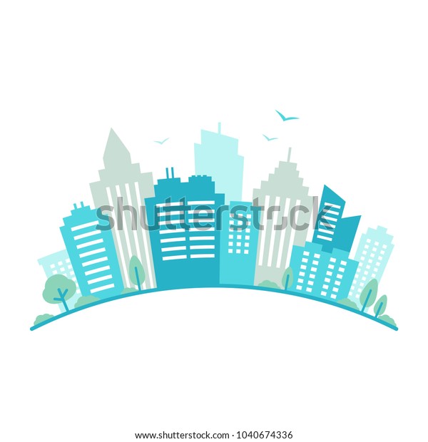 都市の魚眼レンズスタイルパノラマ 都市の風景 青い都市のシルエットビュー 町並みを平らに 現代の丸い形の都市の風景 都市の景観の背景 ベクターイラスト のベクター画像素材 ロイヤリティフリー