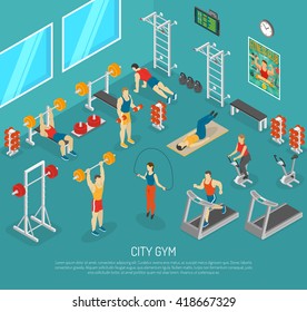 City fitness workout gym center with equipment for strength and cardio exercises isomeric poster abstract vector illustration 