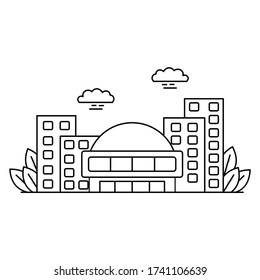 city with five building and two clouds outline design