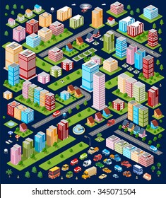 City flat 3d isometric objects. Three-dimensional perspective of architectural details. Skyscrapers and buildings in an top view. Volumetric architecture. Kit modern town. Set of design elements.